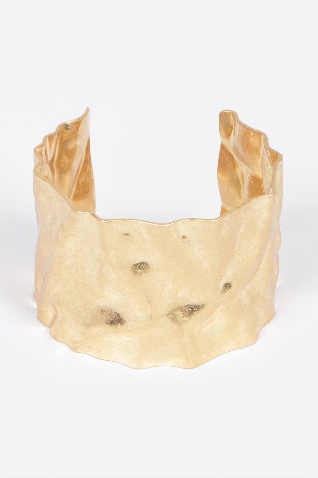 Hammered metal cuff bracelet, gold tone, wide open design with raised texture