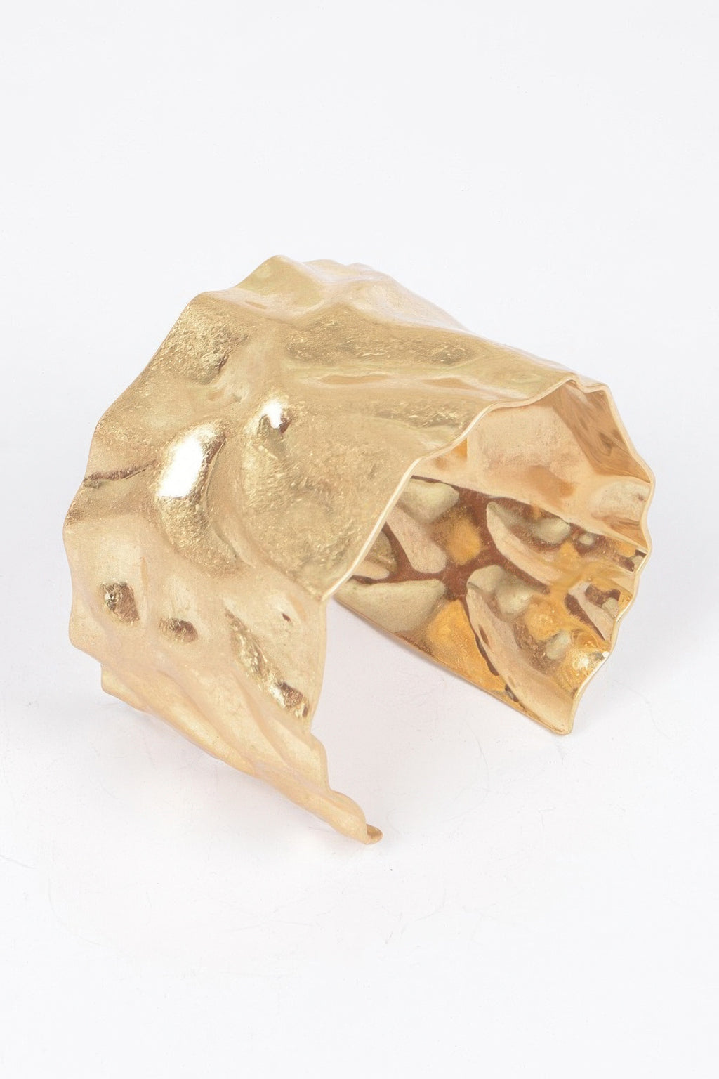 Gold hammered metal cuff bracelet, open cuff with inner cutout and reflective finish