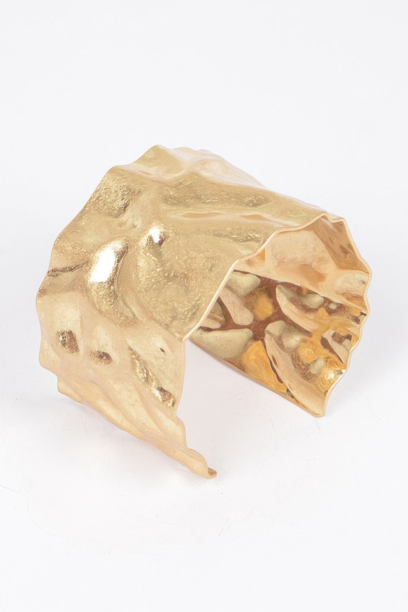 Gold hammered metal cuff bracelet, open cuff with inner cutout and reflective finish