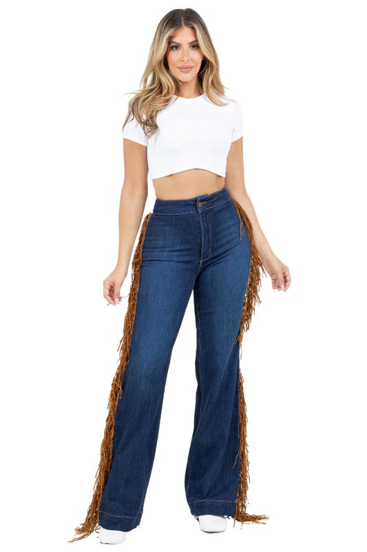 Dark wash wide-leg jeans with long fringe sides