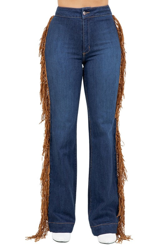 Dark wash wide-leg jeans with side fringe and front button closure