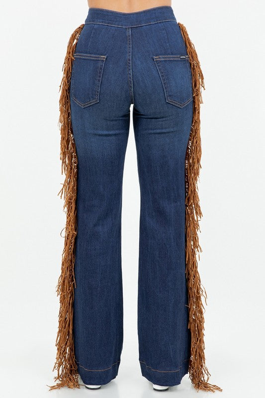 Dark wash wide-leg jeans with back patch pockets and side fringe