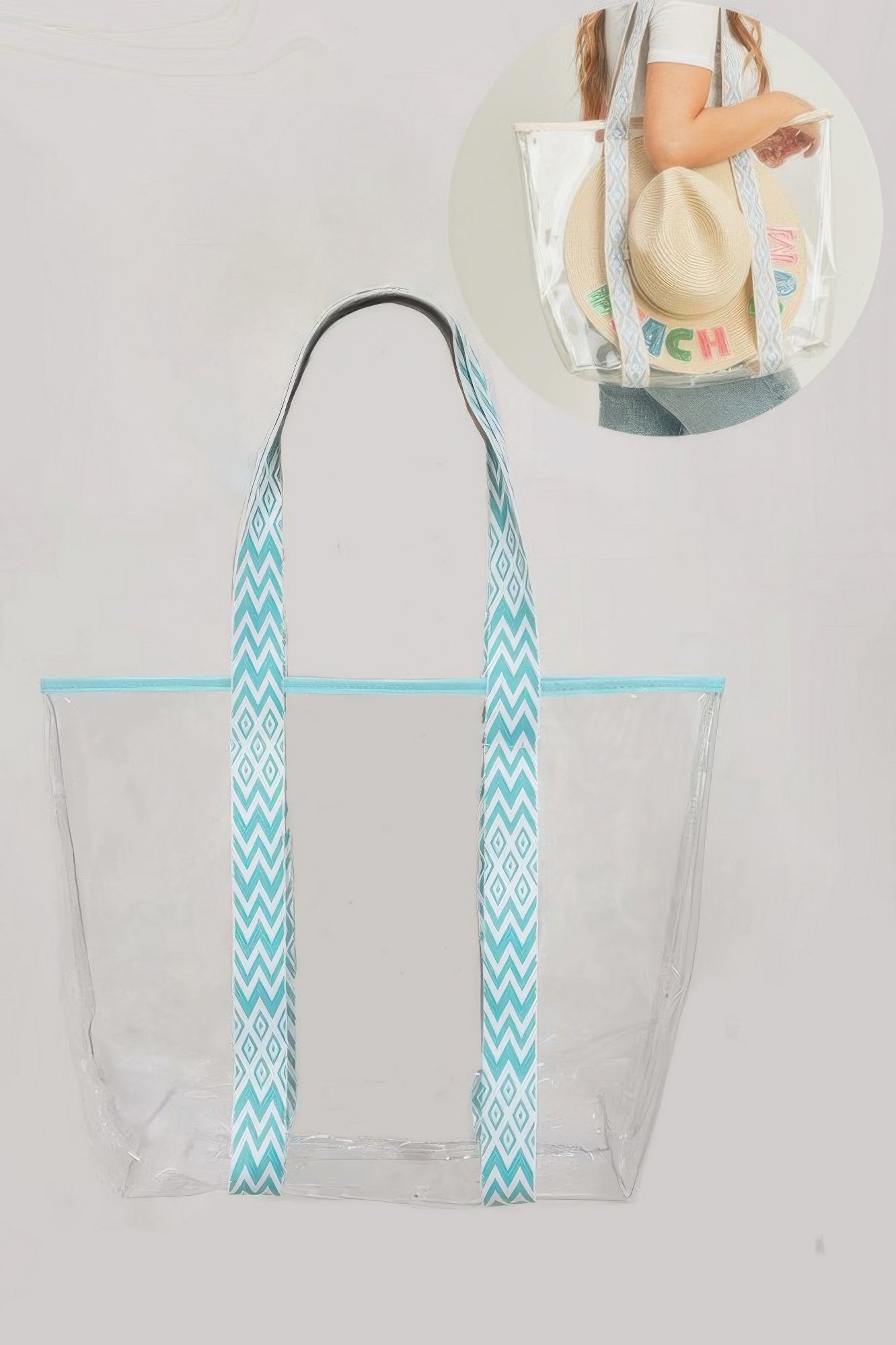 Clear tote bag with mint zipper and teal chevron handles, front view.