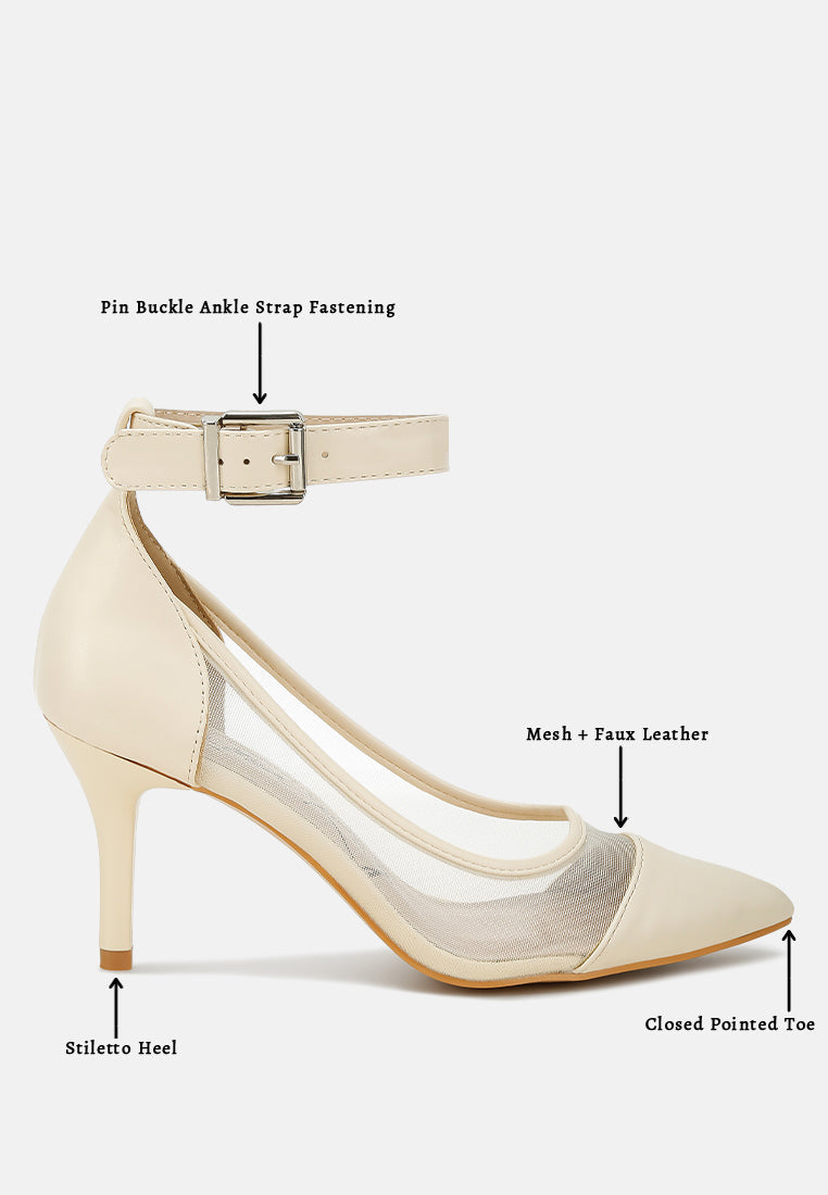 Beige ankle strap pump with silver pin buckle, mesh upper, and stiletto heel