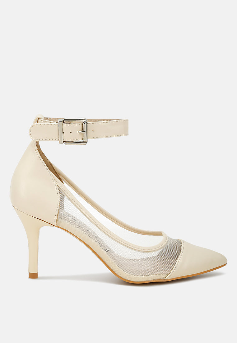 Beige pointy toe ankle strap pumps with mesh upper and stiletto heel
