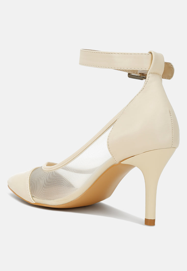 Beige pointy toe ankle strap pumps with thin ankle strap and stiletto heel