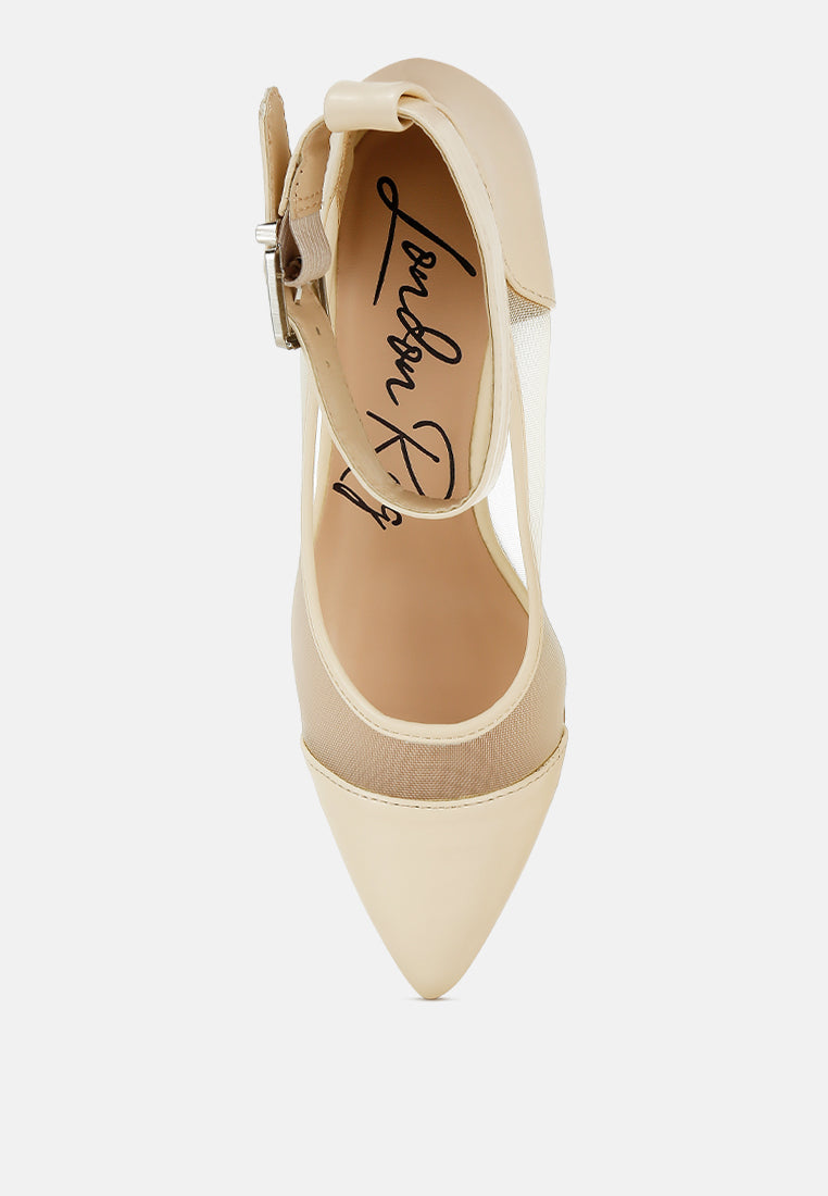 Beige pointy-toe ankle strap pump with buckle fastening and mesh-style paneling