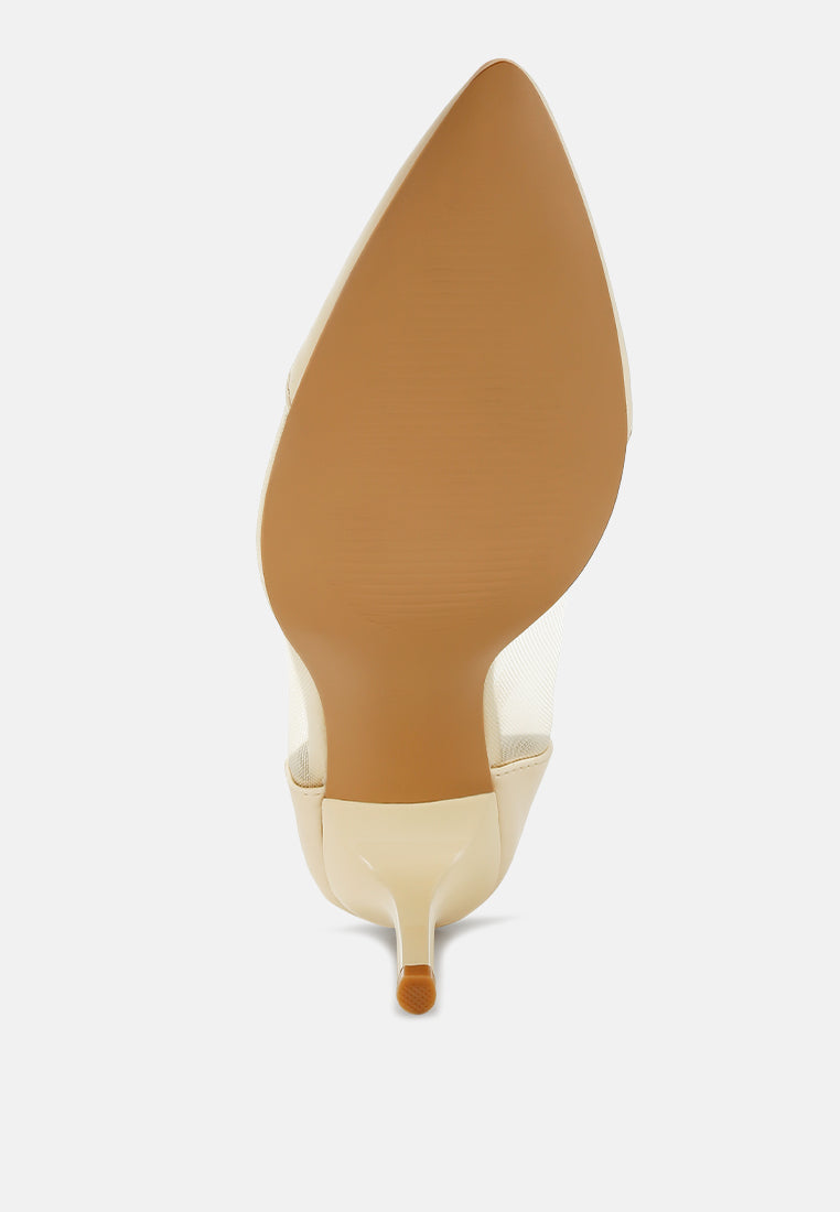 Beige pointed toe pump with ankle strap and stiletto heel
