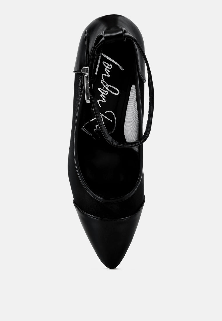 Black pointed-toe pump front view with ankle strap and glossy upper