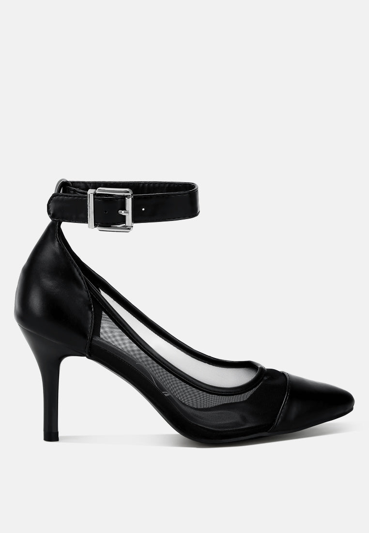 Black pointy-toe ankle strap pump with mesh panel and stiletto heel