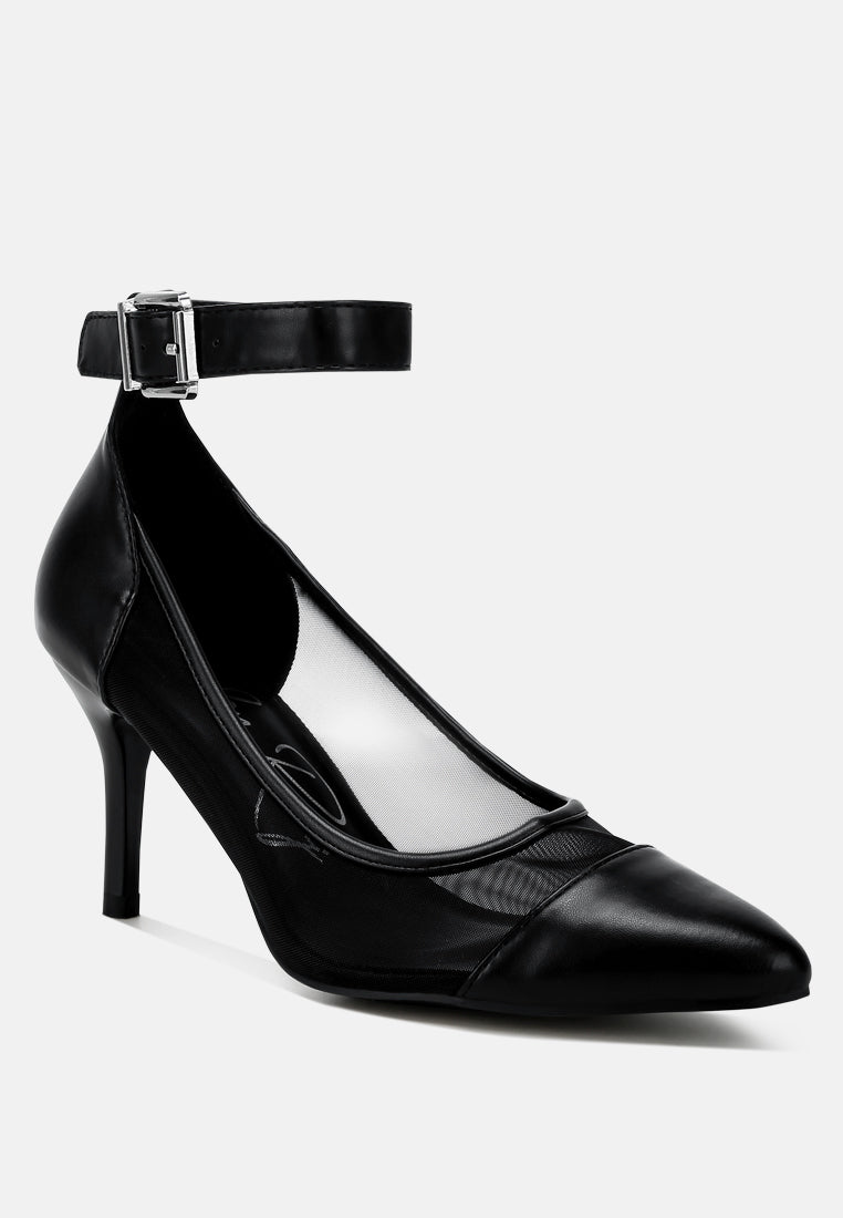 Black ankle strap pump with square-silver buckle and pointed toe stiletto heel