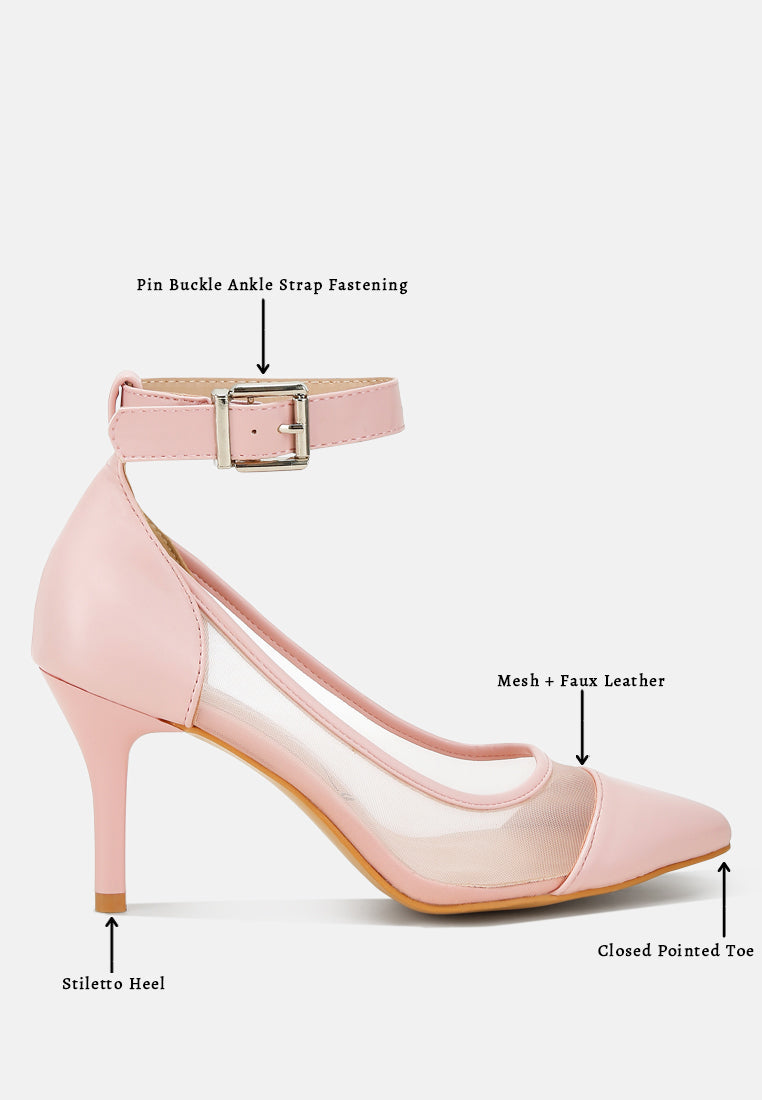 Diagram of pink pointy toe ankle strap pumps showing stiletto heel and buckle fastening