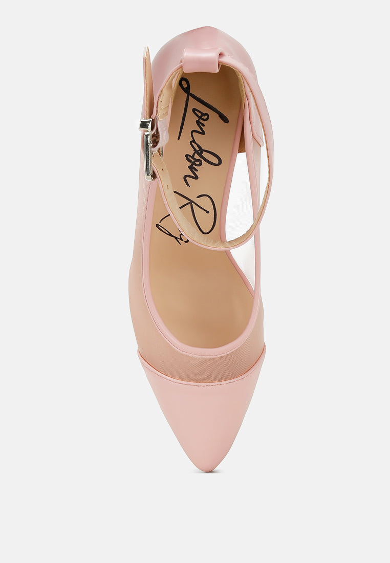Pink pointy toe ankle strap pumps, open interior view with buckle strap