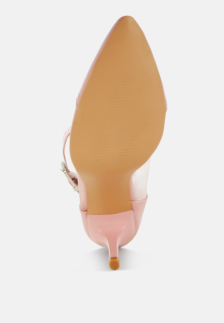 Pink pointy toe ankle strap pumps, heel and sole side view