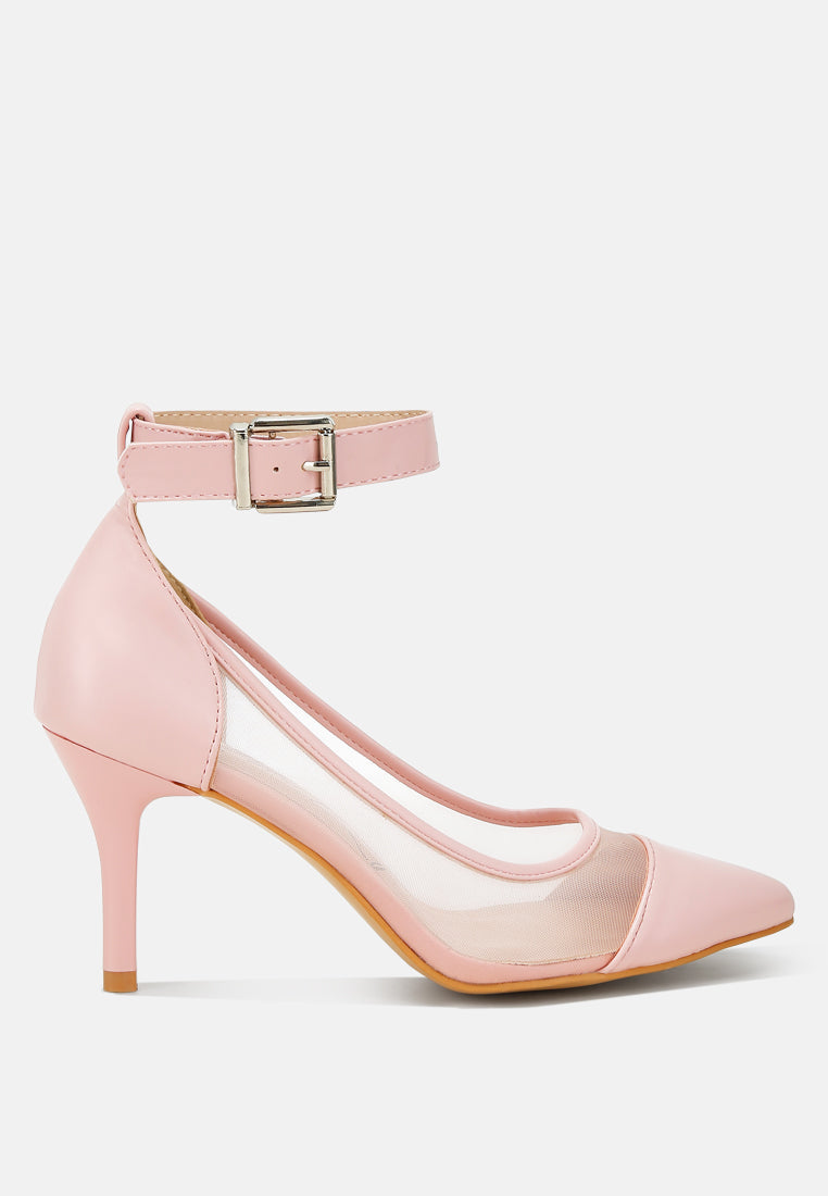 Pink pointy toe ankle strap pumps with silver buckle and stiletto heel