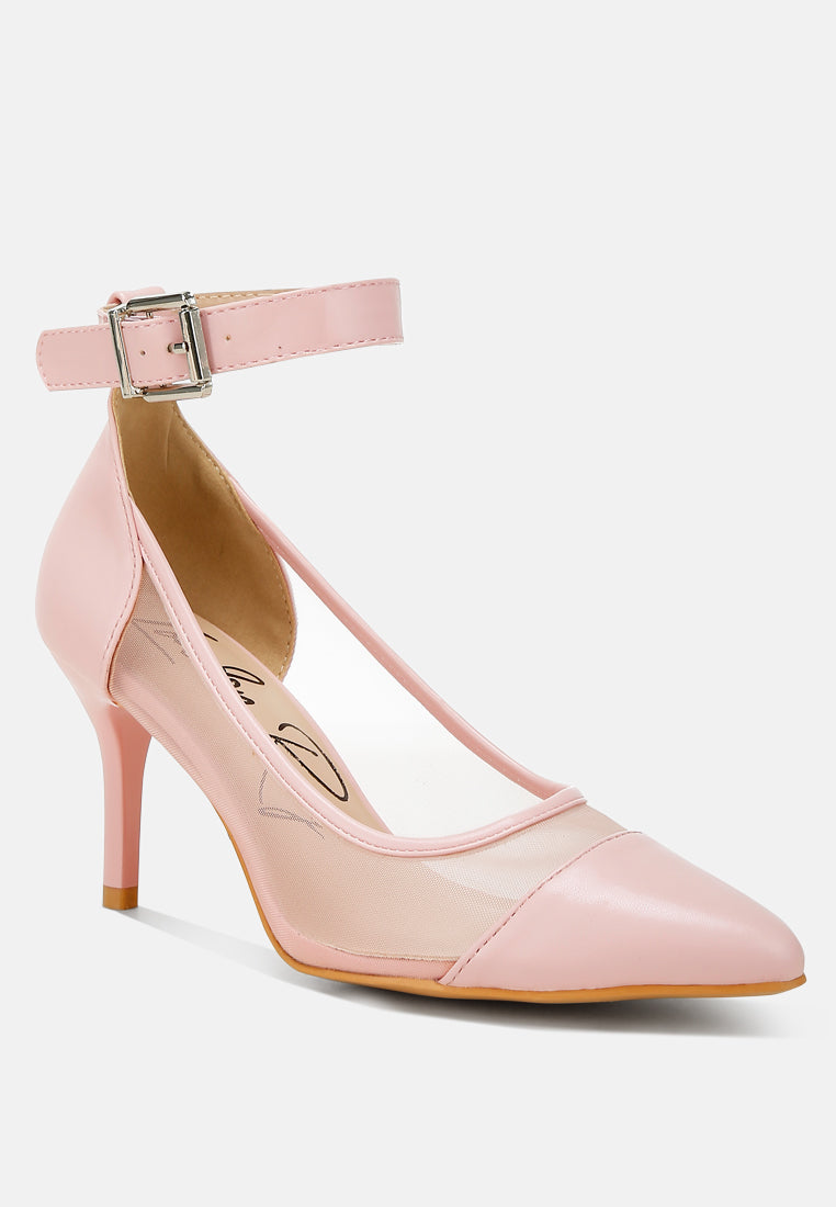 Beige pointy toe ankle strap pumps with silver buckle and slender heel