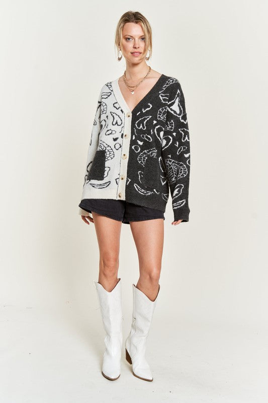 Button-front heart paisley color-block cardigan, charcoal with ivory sleeve pattern