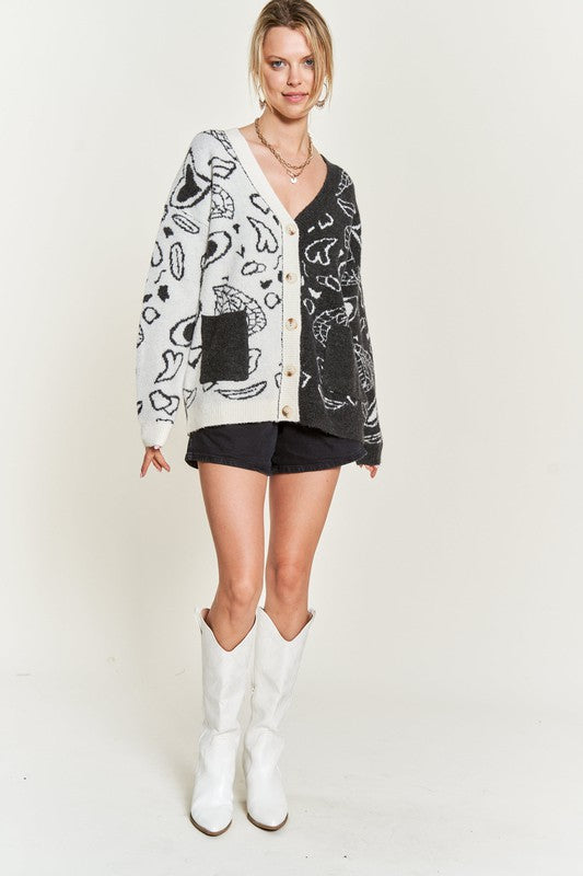 V-neck heart paisley color-block cardigan, charcoal body with ivory button placket