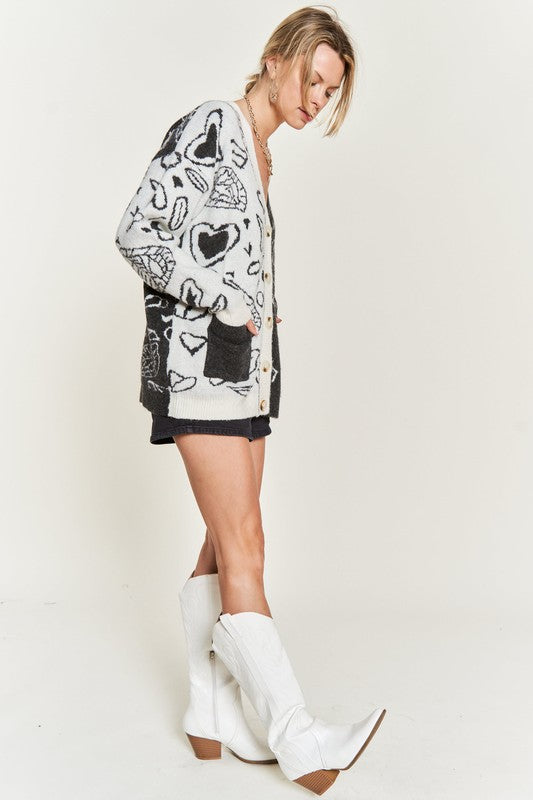 Charcoal-and-ivory heart paisley cardigan with ribbed cuffs and front buttons