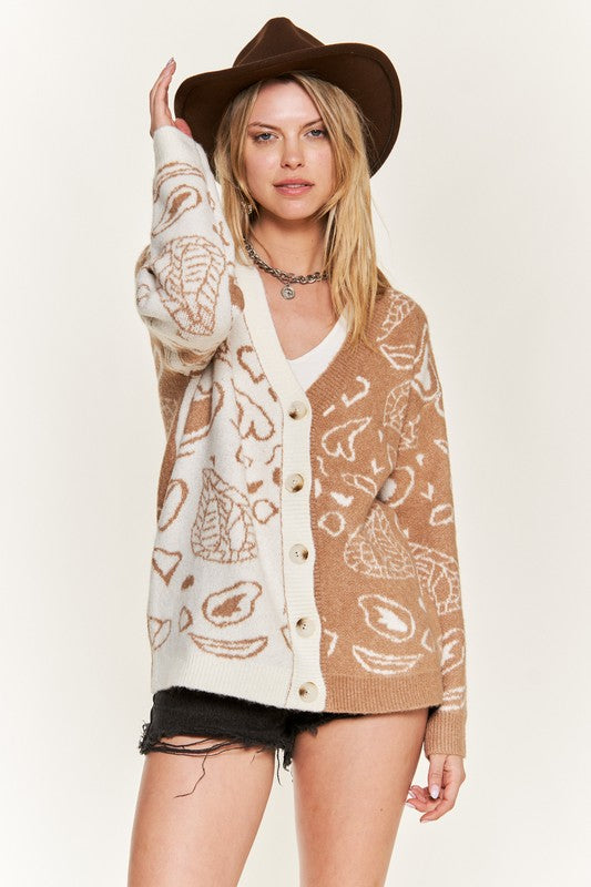 Taupe-and-ivory heart paisley color-block cardigan with button front