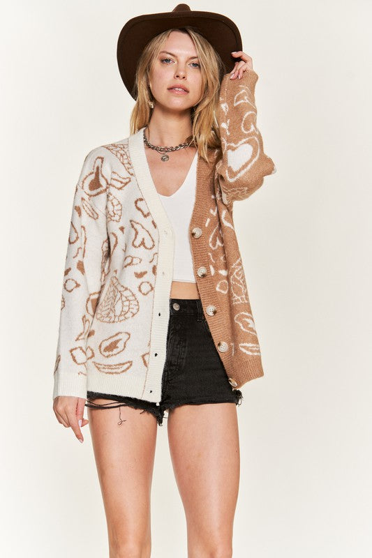 Taupe heart paisley cardigan with ivory placket and front buttons, ribbed hem