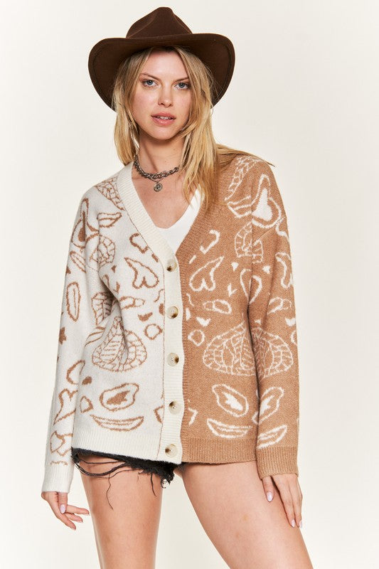 Heart paisley color-block cardigan in taupe and ivory with button detailing