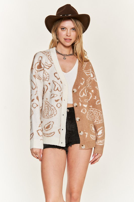 Front view: taupe-and-ivory heart paisley cardigan with button placket