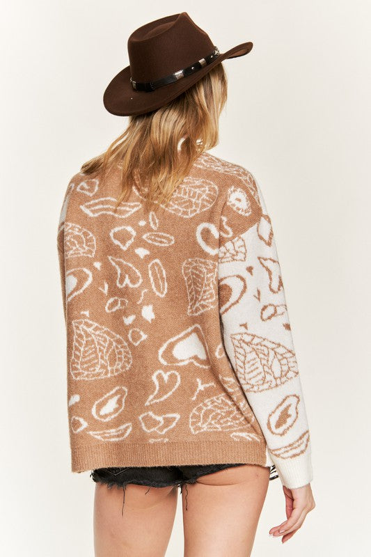 Taupe/ivory heart paisley cardigan, back view with ribbed cuffs