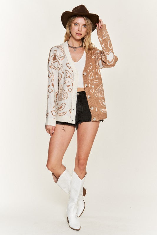 Taupe/ivory heart paisley color-block cardigan with button front
