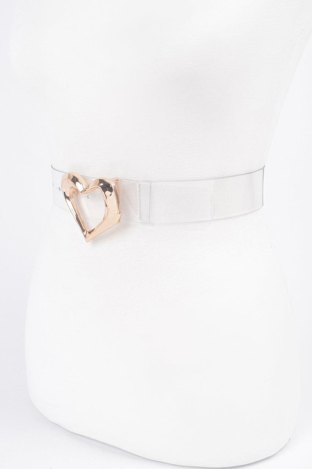 Clear belt with heart-shaped rose-gold buckle clasp and slim transparent strap