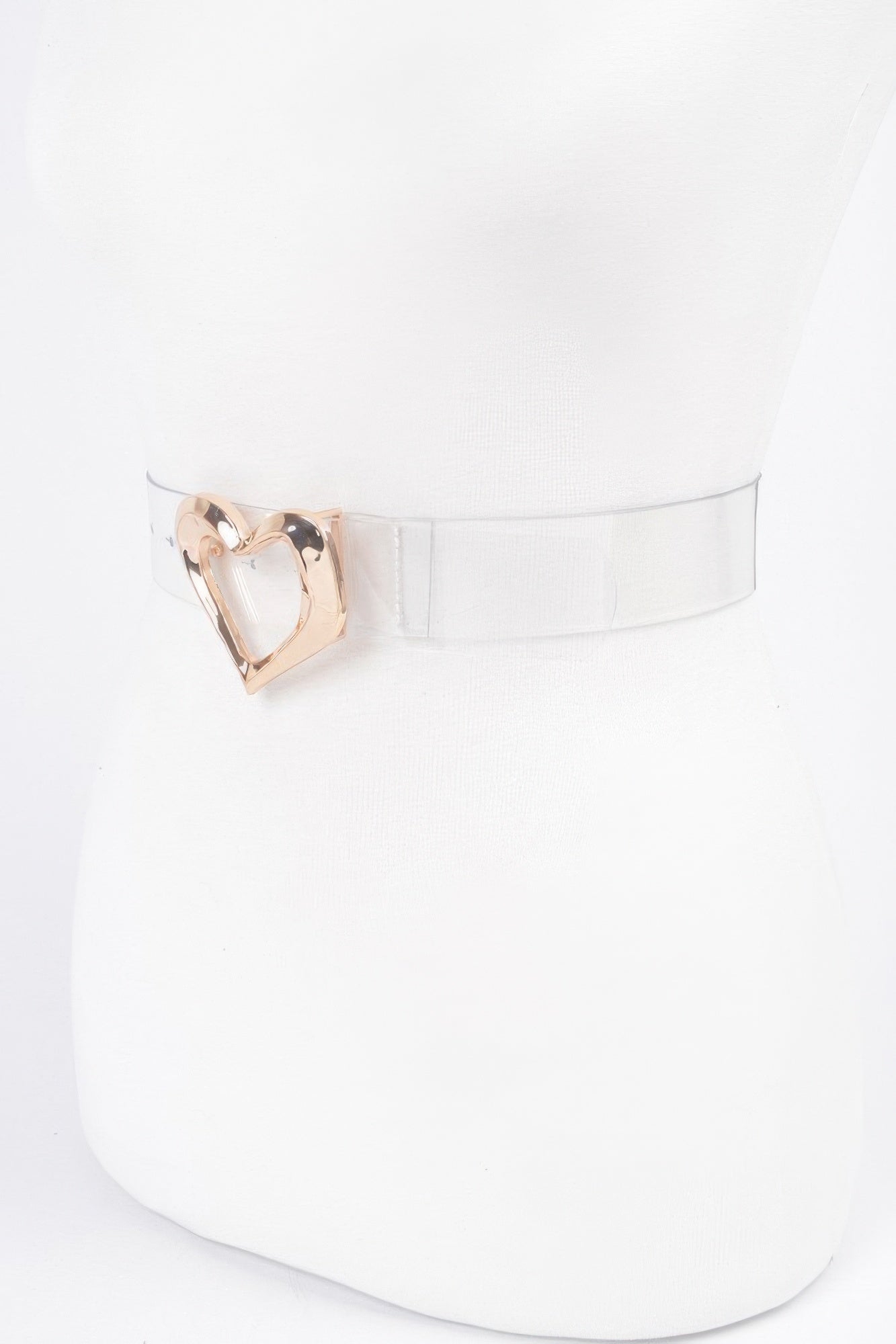 Clear belt with heart-shaped rose-gold buckle clasp and slim transparent strap