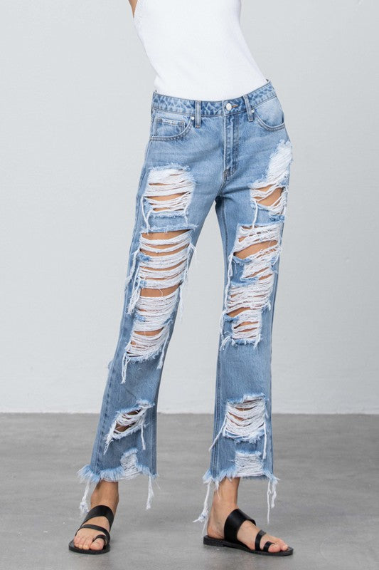 Heavy Destroyed Frayed Hem Straight Jeans - Tigbul's Variety Fashion Shop