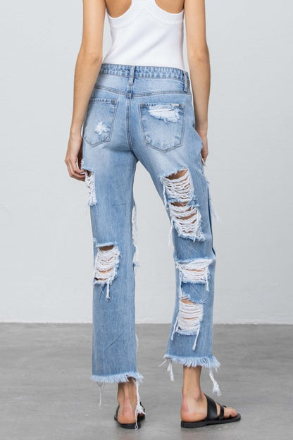 Heavy Destroyed Frayed Hem Straight Jeans - Tigbul's Variety Fashion Shop