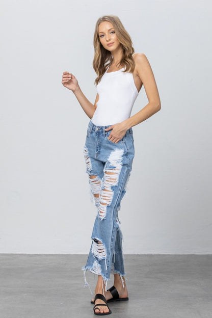 Heavy Destroyed Frayed Hem Straight Jeans - Tigbul's Variety Fashion Shop