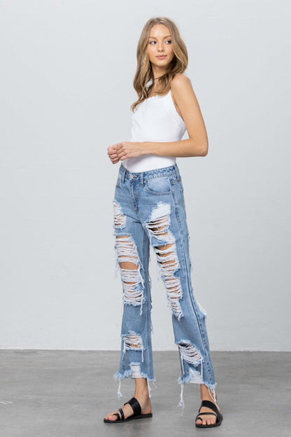 Heavy Destroyed Frayed Hem Straight Jeans - Tigbul's Variety Fashion Shop