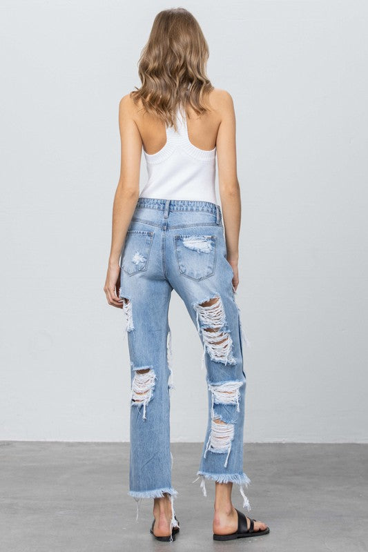 Heavy Destroyed Frayed Hem Straight Jeans - Tigbul's Variety Fashion Shop