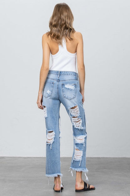 Heavy Destroyed Frayed Hem Straight Jeans - Tigbul's Variety Fashion Shop