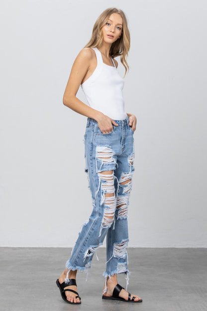 Heavy Destroyed Frayed Hem Straight Jeans - Tigbul's Variety Fashion Shop
