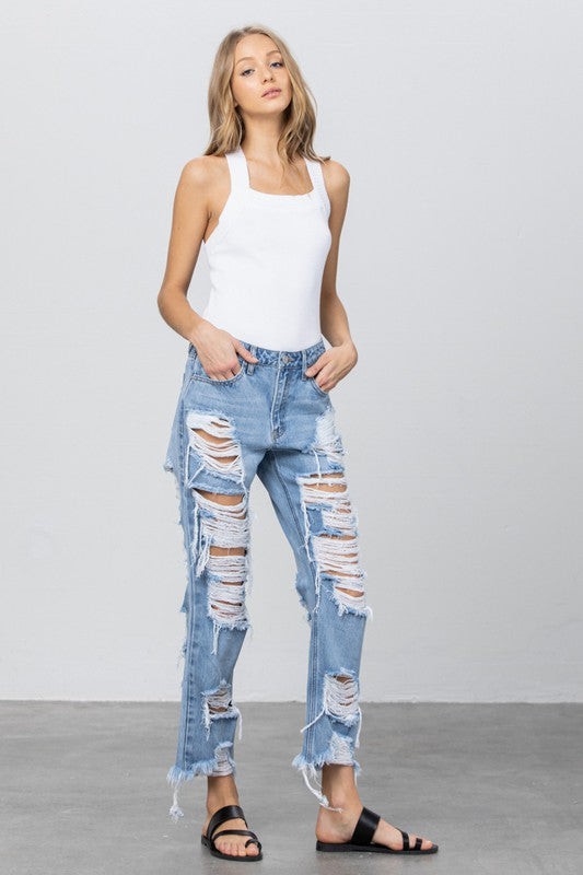Heavy Destroyed Frayed Hem Straight Jeans - Tigbul's Variety Fashion Shop