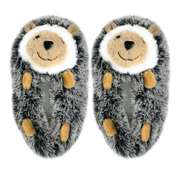 Gray plush house slippers with bear face, tan paws and floppy ears.