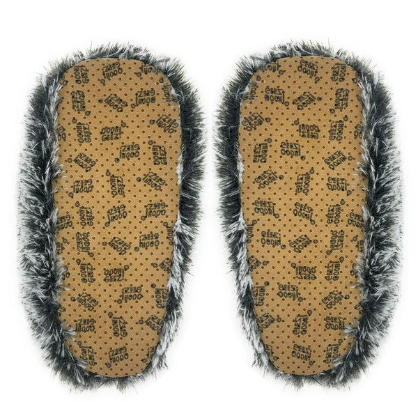 Gray slippers showing brown non-slip outsole with fuzzy gray trim.