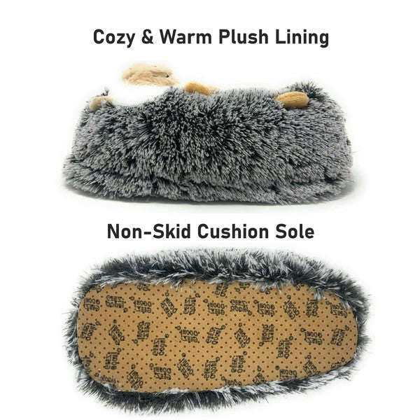Gray plush house slipper with tan patterned sole underside and soft top.