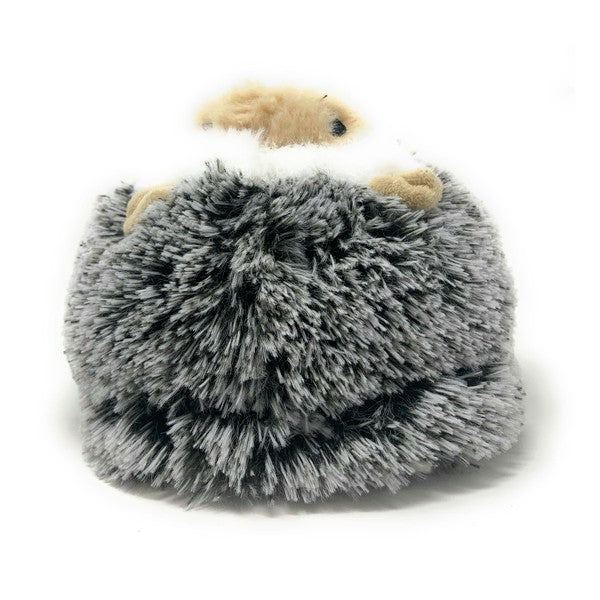 Gray fuzzy house slipper with bear face details and tan paw pads on top.