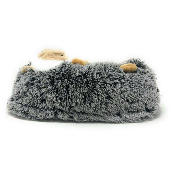 Gray plush slip-on slipper with tan ear tips and stitched paw details.
