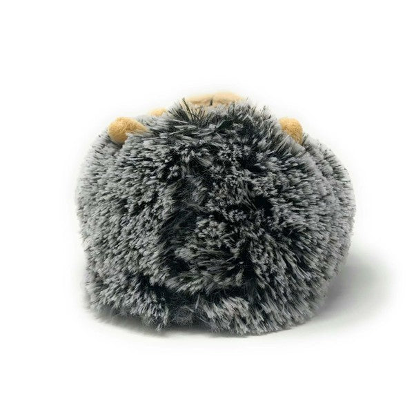 Gray fuzzy house slipper back view with tan ear tips and rounded shape.