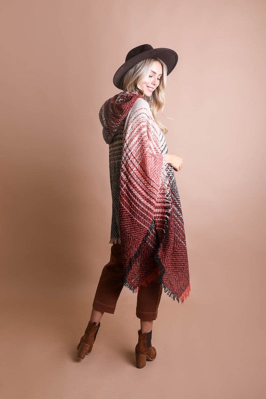 Rust and dark herringbone tweed hooded poncho with fringed trim
