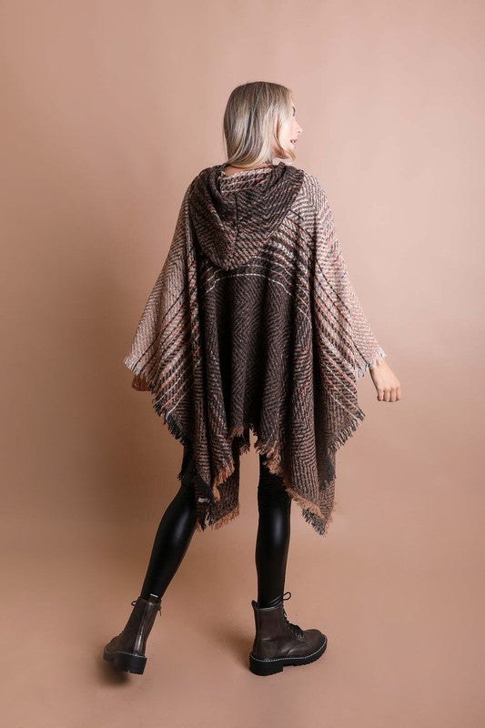 Dark herringbone tweed hooded poncho with back hood and frayed edges