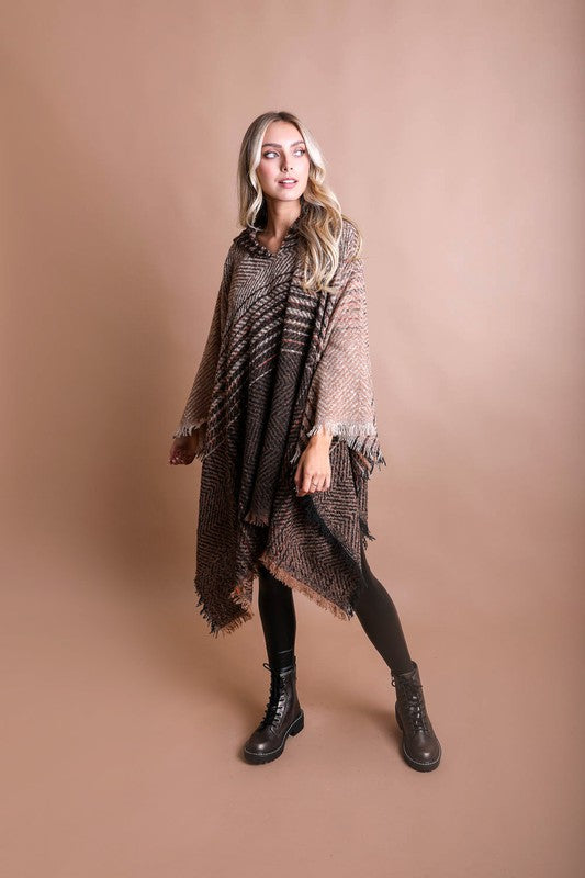 Mocha and black herringbone tweed hooded poncho with fringed hem