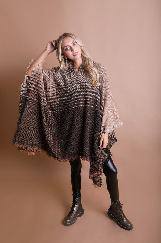 Herringbone tweed poncho with hood and poncho sleeves, frayed hem, one size