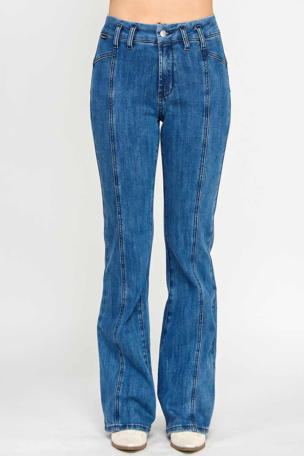 High-rise bell-bottom jeans with seam detailing, blue denim